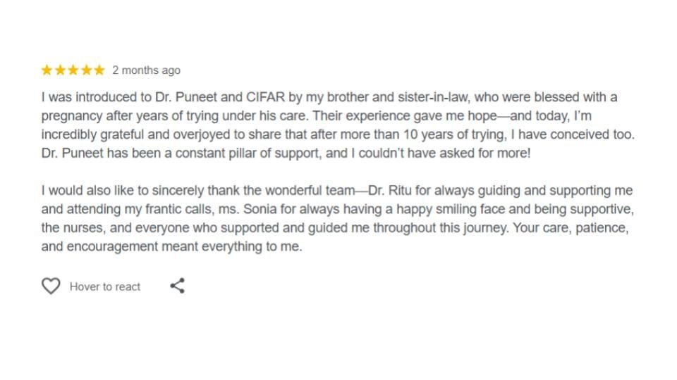 PIVF Patient review for cifar ivf center